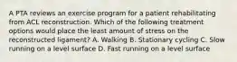 A PTA reviews an exercise program for a patient rehabilitating from ACL reconstruction. Which of the following treatment options would place the least amount of stress on the reconstructed ligament? A. Walking B. Stationary cycling C. Slow running on a level surface D. Fast running on a level surface