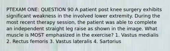 PTEXAM ONE: QUESTION 90 A patient post knee surgery exhibits significant weakness in the involved lower extremity. During the most recent therapy session, the patient was able to complete an independent straight leg raise as shown in the image. What muscle is MOST emphasized in the exercise? 1. Vastus medialis 2. Rectus femoris 3. Vastus lateralis 4. Sartorius