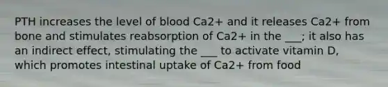 PTH increases the level of blood Ca2+ and it releases Ca2+ from bone and stimulates reabsorption of Ca2+ in the ___; it also has an indirect effect, stimulating the ___ to activate vitamin D, which promotes intestinal uptake of Ca2+ from food