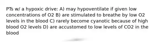 PTs w/ a hypoxic drive: A) may hypoventilate if given low concentrations of O2 B) are stimulated to breathe by low O2 levels in the blood C) rarely become cyanotic because of high blood O2 levels D) are accustomed to low levels of CO2 in the blood