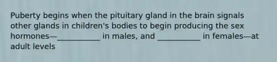 Puberty begins when the pituitary gland in the brain signals other glands in children's bodies to begin producing the sex hormones—___________ in males, and ___________ in females—at adult levels