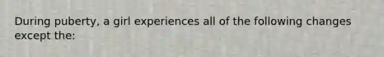 During puberty, a girl experiences all of the following changes except the: