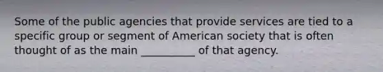 Some of the public agencies that provide services are tied to a specific group or segment of American society that is often thought of as the main __________ of that agency.