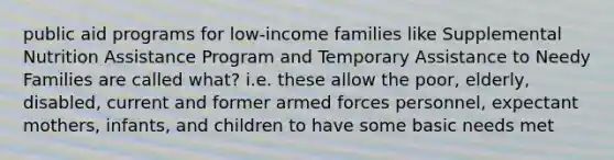 public aid programs for low-income families like Supplemental Nutrition Assistance Program and Temporary Assistance to Needy Families are called what? i.e. these allow the poor, elderly, disabled, current and former armed forces personnel, expectant mothers, infants, and children to have some basic needs met