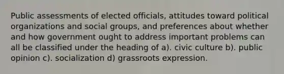 Public assessments of elected officials, attitudes toward political organizations and social groups, and preferences about whether and how government ought to address important problems can all be classified under the heading of a). civic culture b). public opinion c). socialization d) grassroots expression.