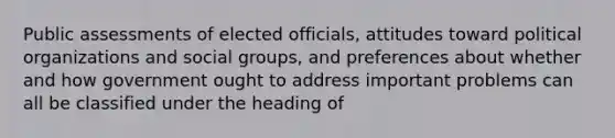 Public assessments of elected officials, attitudes toward political organizations and social groups, and preferences about whether and how government ought to address important problems can all be classified under the heading of