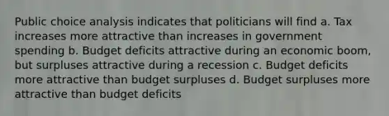 Public choice analysis indicates that politicians will find a. Tax increases more attractive than increases in government spending b. Budget deficits attractive during an economic boom, but surpluses attractive during a recession c. Budget deficits more attractive than budget surpluses d. Budget surpluses more attractive than budget deficits