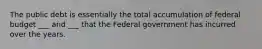 The public debt is essentially the total accumulation of federal budget ___ and ___ that the Federal government has incurred over the years.