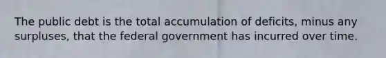 The public debt is the total accumulation of deficits, minus any surpluses, that the federal government has incurred over time.