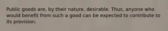 <a href='https://www.questionai.com/knowledge/k5nG9d2a96-public-goods' class='anchor-knowledge'>public goods</a> are, by their nature, desirable. Thus, anyone who would benefit from such a good can be expected to contribute to its provision.