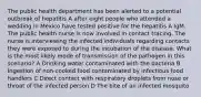 The public health department has been alerted to a potential outbreak of hepatitis A after eight people who attended a wedding in Mexico have tested positive for the hepatitis A IgM. The public health nurse is now involved in contact tracing. The nurse is interviewing the infected individuals regarding contacts they were exposed to during the incubation of the disease. What is the most likely mode of transmission of the pathogen in this scenario? A Drinking water contaminated with the bacteria B Ingestion of non-cooked food contaminated by infectious food handlers C Direct contact with respiratory droplets from nose or throat of the infected person D The bite of an infected mosquito