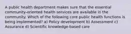 A public health department makes sure that the essential community-oriented health services are available in the community. Which of the following core public health functions is being implemented? a) Policy development b) Assessment c) Assurance d) Scientific knowledge-based care