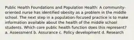 Public Health Foundations and Population Health: A community-oriented nurse has identified obesity as a problem in the middle school. The next step in a population-focused practice is to make information available about the health of the middle school students. Which core public health function does this represent? a. Assessment b. Assurance c. Policy development d. Research