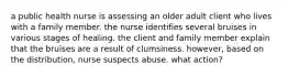 a public health nurse is assessing an older adult client who lives with a family member. the nurse identifies several bruises in various stages of healing. the client and family member explain that the bruises are a result of clumsiness. however, based on the distribution, nurse suspects abuse. what action?