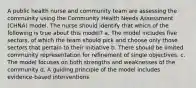 A public health nurse and community team are assessing the community using the Community Health Needs Assessment (CHNA) model. The nurse should identify that which of the following is true about this model? a. The model includes five sectors, of which the team should pick and choose only those sectors that pertain to their initiative b. There should be limited community representation for refinement of single objectives. c. The model focuses on both strengths and weaknesses of the community d. A guiding principle of the model includes evidence-based interventions