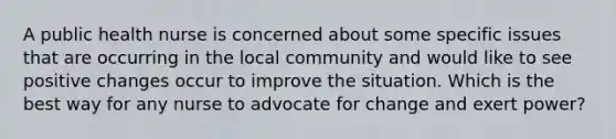 A public health nurse is concerned about some specific issues that are occurring in the local community and would like to see positive changes occur to improve the situation. Which is the best way for any nurse to advocate for change and exert power?