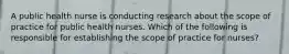 A public health nurse is conducting research about the scope of practice for public health nurses. Which of the following is responsible for establishing the scope of practice for nurses?