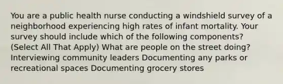 You are a public health nurse conducting a windshield survey of a neighborhood experiencing high rates of infant mortality. Your survey should include which of the following components? (Select All That Apply) What are people on the street doing? Interviewing community leaders Documenting any parks or recreational spaces Documenting grocery stores