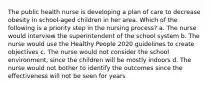 The public health nurse is developing a plan of care to decrease obesity in school-aged children in her area. Which of the following is a priority step in the nursing process? a. The nurse would interview the superintendent of the school system b. The nurse would use the Healthy People 2020 guidelines to create objectives c. The nurse would not consider the school environment, since the children will be mostly indoors d. The nurse would not bother to identify the outcomes since the effectiveness will not be seen for years