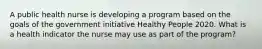 A public health nurse is developing a program based on the goals of the government initiative Healthy People 2020. What is a health indicator the nurse may use as part of the program?