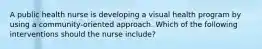 A public health nurse is developing a visual health program by using a community-oriented approach. Which of the following interventions should the nurse include?