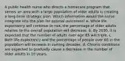 A public health nurse who directs a homecare program that serves an area with a large population of older adults is creating a long-term strategic plan. Which information would the nurse integrate into the plan for optimal outcomes? a. While life expectancy will continue to rise, the percentage of older adults relative to the overall population will decrease. b. By 2030, it is expected that the number of adults over age 85 will triple. c. Both life expectancy and the percentage of people over 65 in the population will increase in coming decades. d. Chronic conditions are expected to gradually cause a decrease in the number of older adults in 10 years.