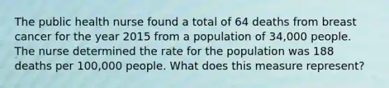 The public health nurse found a total of 64 deaths from breast cancer for the year 2015 from a population of 34,000 people. The nurse determined the rate for the population was 188 deaths per 100,000 people. What does this measure represent?