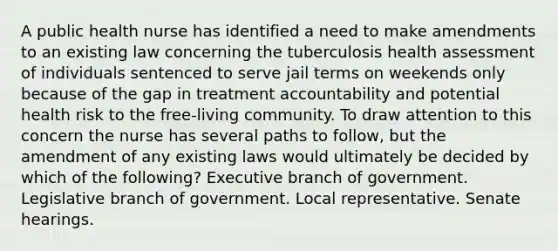 A public health nurse has identified a need to make amendments to an existing law concerning the tuberculosis health assessment of individuals sentenced to serve jail terms on weekends only because of the gap in treatment accountability and potential health risk to the free-living community. To draw attention to this concern the nurse has several paths to follow, but the amendment of any existing laws would ultimately be decided by which of the following? Executive branch of government. Legislative branch of government. Local representative. Senate hearings.