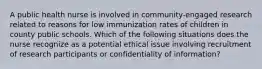 A public health nurse is involved in community-engaged research related to reasons for low immunization rates of children in county public schools. Which of the following situations does the nurse recognize as a potential ethical issue involving recruitment of research participants or confidentiality of information?