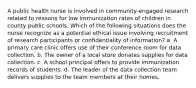 A public health nurse is involved in community-engaged research related to reasons for low immunization rates of children in county public schools. Which of the following situations does the nurse recognize as a potential ethical issue involving recruitment of research participants or confidentiality of information? a. A primary care clinic offers use of their conference room for data collection. b. The owner of a local store donates supplies for data collection. c. A school principal offers to provide immunization records of students. d. The leader of the data collection team delivers supplies to the team members at their homes.