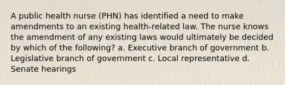 A public health nurse (PHN) has identified a need to make amendments to an existing health-related law. The nurse knows the amendment of any existing laws would ultimately be decided by which of the following? a. Executive branch of government b. Legislative branch of government c. Local representative d. Senate hearings