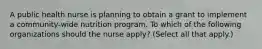 A public health nurse is planning to obtain a grant to implement a community-wide nutrition program. To which of the following organizations should the nurse apply? (Select all that apply.)