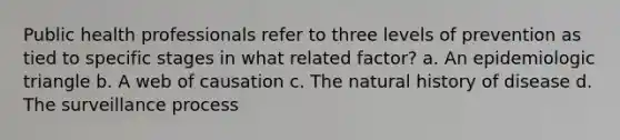 Public health professionals refer to three levels of prevention as tied to specific stages in what related factor? a. An epidemiologic triangle b. A web of causation c. The natural history of disease d. The surveillance process