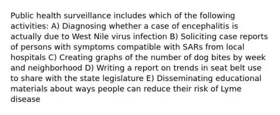 Public health surveillance includes which of the following activities: A) Diagnosing whether a case of encephalitis is actually due to West Nile virus infection B) Soliciting case reports of persons with symptoms compatible with SARs from local hospitals C) Creating graphs of the number of dog bites by week and neighborhood D) Writing a report on trends in seat belt use to share with the state legislature E) Disseminating educational materials about ways people can reduce their risk of Lyme disease