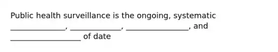 Public health surveillance is the ongoing, systematic ______________, _____________, ________________, and __________________ of date