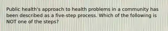 Public health's approach to health problems in a community has been described as a five-step process. Which of the following is NOT one of the steps?