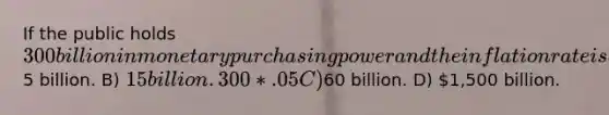 If the public holds 300 billion in monetary purchasing power and the inflation rate is 5%, then the inflation tax that year is: A)5 billion. B) 15 billion. 300*.05 C)60 billion. D) 1,500 billion.