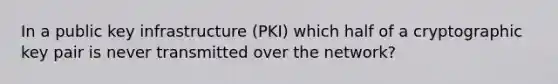 In a public key infrastructure (PKI) which half of a cryptographic key pair is never transmitted over the network?