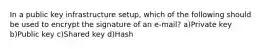 In a public key infrastructure setup, which of the following should be used to encrypt the signature of an e-mail? a)Private key b)Public key c)Shared key d)Hash