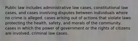 Public law includes administrative law cases, constitutional law cases, and cases involving disputes between individuals where no crime is alleged. cases arising out of actions that violate laws protecting the health, safety, and morals of the community. cases in which the power of government or the rights of citizens are involved. criminal law cases.