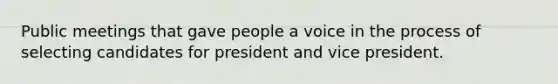 Public meetings that gave people a voice in the process of selecting candidates for president and vice president.