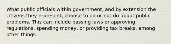 What public officials within government, and by extension the citizens they represent, choose to do or not do about public problems. This can include passing laws or approving regulations, spending money, or providing tax breaks, among other things.