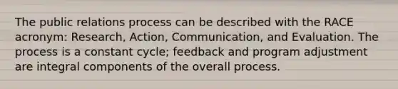 The public relations process can be described with the RACE acronym: Research, Action, Communication, and Evaluation. The process is a constant cycle; feedback and program adjustment are integral components of the overall process.