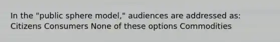 In the "public sphere model," audiences are addressed as: Citizens Consumers None of these options Commodities