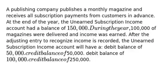 A publishing company publishes a monthly magazine and receives all subscription payments from customers in advance. At the end of the year, the Unearned Subscription Income account had a balance of 150,000. During the year,100,000 of magazines were delivered and income was earned. After the adjusting entry to recognize income is recorded, the Unearned Subscription Income account will have a: debit balance of 50,000. credit balance of50,000. debit balance of 100,000. credit balance of250,000.