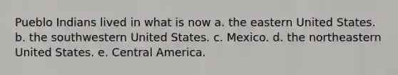 Pueblo Indians lived in what is now a. the eastern United States. b. the southwestern United States. c. Mexico. d. the northeastern United States. e. Central America.