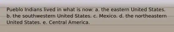 Pueblo Indians lived in what is now: a. the eastern United States. b. the southwestern United States. c. Mexico. d. the northeastern United States. e. Central America.