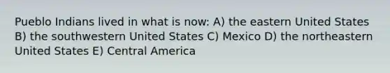 Pueblo Indians lived in what is now: A) the eastern United States B) the southwestern United States C) Mexico D) the northeastern United States E) Central America