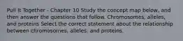 Pull It Together - Chapter 10 Study the concept map below, and then answer the questions that follow. Chromosomes, alleles, and proteins Select the correct statement about the relationship between chromosomes, alleles, and proteins.