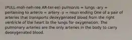 (PULL-moh-neh-ree AR-ter-ee) pulmon/o = lungs -ary = pertaining to arter/o = artery -y = noun ending One of a pair of arteries that transports deoxygenated blood from the right ventricle of the heart to the lungs for oxygenation. The pulmonary arteries are the only arteries in the body to carry deoxygenated blood.